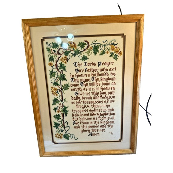 Handmade Other - Vtg 1990 Framed The Lords Prayer Cross Stitch Sampler Handmade Wall Decor 22x17